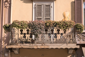 flowers and violins on wrought iron railing of old balcony, Cremona, Italy