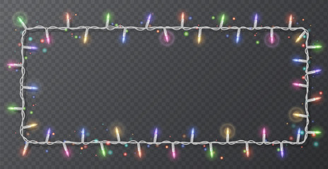 Christmas lights border vector, light string frame isolated on dark background with copy space. Glowing White lights for Xmas Holiday greeting card design. Vector illustration