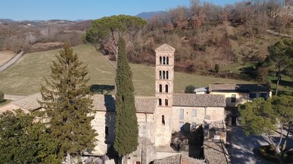 Sanctuary of Vescovio ( Lazio, Italy ). Church and bell tower in Sabina. Aerial view