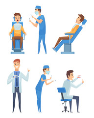 Dentists characters. Stomatology medicine mouth diagnostic healthcare vector cartoon illustration. Dentist healthcare character, doctor specialist and patient