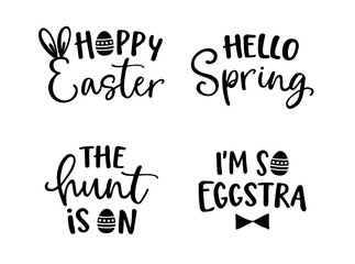 Obraz premium Happy Easter lettering set. Black hand lettered quotes with eggs for greeting cards, gift tags, labels, T-shirts. Typography collection. Spring and Easter egg hunt concept. Isolated vectors.