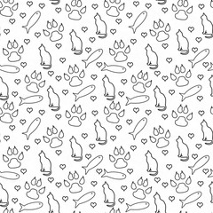 Fototapeta premium Black and white cat, paw prints, fish, and hearts seamless and repeat pattern background