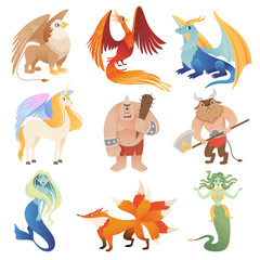 Fantastic creatures. Phoenix dragon hybrid animals flying lion minotaur centaur vector cartoon pictures. Illustration of monster and mermaid, unicorn and medusa, phoenix and minotaur