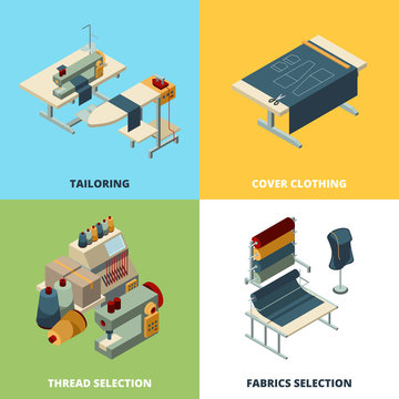 Sewing production. Textile manufacturing concept vector pictures industrial sewing machines isometric. Illustration of tailoring industry, manufacturing and dressmaking
