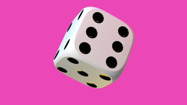 Close up of white playing dice, rotating on pink background. - Powered by Adobe
