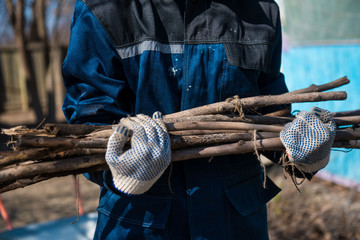 Man is holding an armful of wooden branches