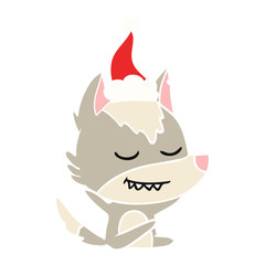 friendly flat color illustration of a wolf sitting wearing santa hat