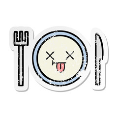 distressed sticker of a cute cartoon dinner plate