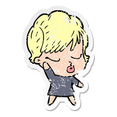 distressed sticker of a cartoon woman with eyes shut