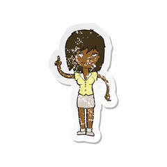 retro distressed sticker of a cartoon woman with idea