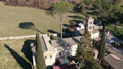 Sanctuary of Vescovio ( Lazio, Italy ). Church and bell tower in Sabina. Aerial view