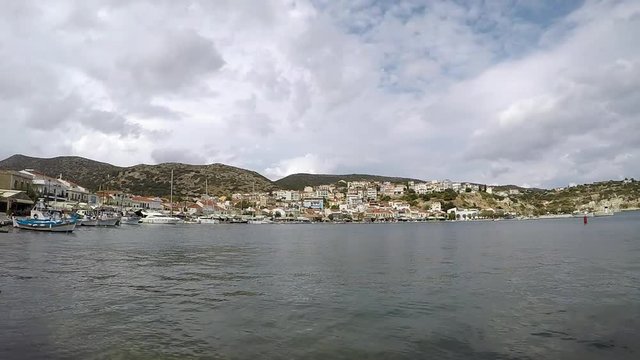 The beautiful port of pythagorion in cloudy weather.