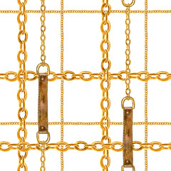 Fototapeta na wymiar Golden chain glamour seamless pattern illustration. Watercolor texture with golden chains and leather belts.