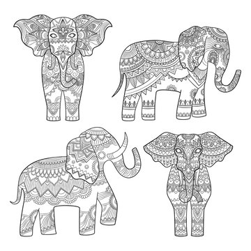 Elephant decorative pattern. Indian motif tribal royal design for adults colored pages vector illustrations. Elephant indian, tribal pattern, totem animal tattoo