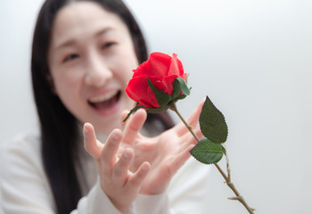 Valentine's Day concept flowers roses gift to girl in love . Asian women happy and surprised When she get the roses for romantic date dinner.