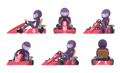 Karting car. Street speed racers competition sport automobile go kart vector background cartoon. Illustration of speed car, race drive, sport kart racer - obrazy, fototapety, plakaty