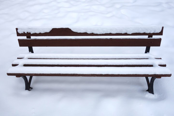 Snowy bench in nature