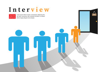Job Interview concept. Businessman in search of new employees and specialists. New employees are queuing in front of HRD door. Isolated with white background. Vector illustration.