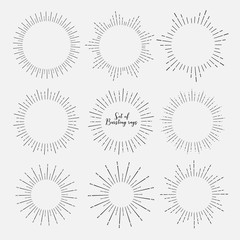 Set of sunburst style isolated on white background, Bursting rays vector illustration.