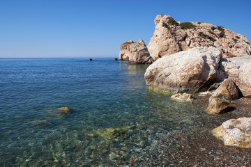 Petra tou Romiou or Aphrodite Rock Beach, one of the main attractions and landmarks of Cyprus island.