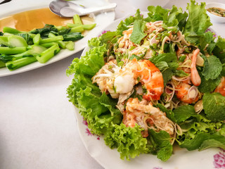 Spicy Shrimp salad with lemon grass and mint . Menu herbs and shrimp useful And Popular in the country, Thailand .