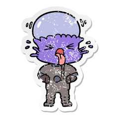 distressed sticker of a disgusted cartoon alien