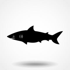 Vector illustration of shark based on hand-drawn sketch. Black silhouette isolated on white background. Perfect for t-shirt design, poster, banner.