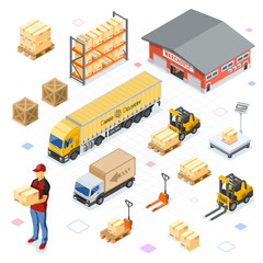 Warehouse Storage and Delivery Isometric Icons Set