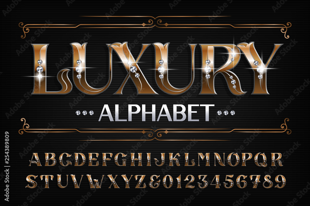 Fototapete luxury alphabet font. ornate golden letters and numbers with diamond gemstones. stock vector typescr