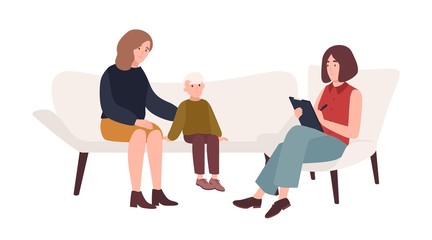 Conversation between mother, child and female psychologist or psychotherapist. Family psychotherapy, psychotherapeutic aid for children with mental problems. Flat cartoon vector illustration.