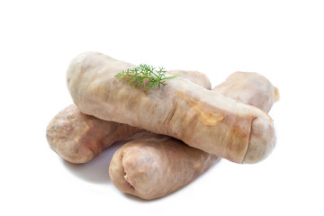 Andouillette: French typical sausage from pork intestine on a white background.
