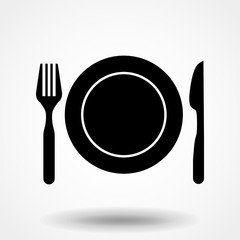 Plate, fork and knife. Vector illustration