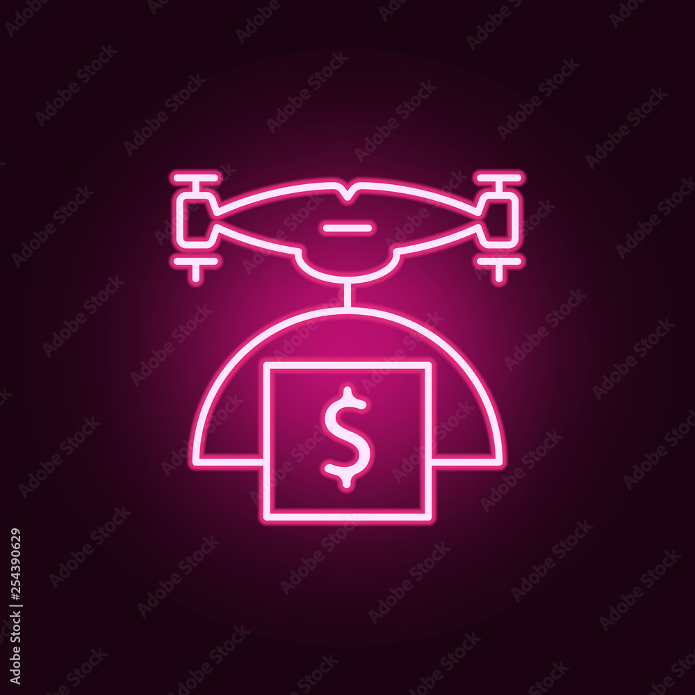 Poster drone with money icon. elements of drones in neon style icons. simple icon for websites, web design,