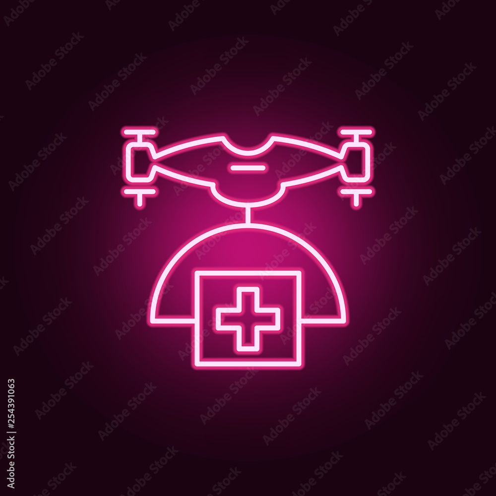 Poster drone with medicines icon. elements of drones in neon style icons. simple icon for websites, web des