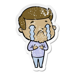 distressed sticker of a cartoon man crying