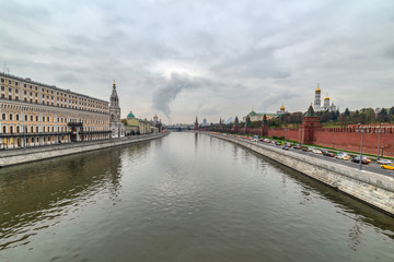 Moscow Kremlin embankment in the summer evening, An overcast, rainy day.