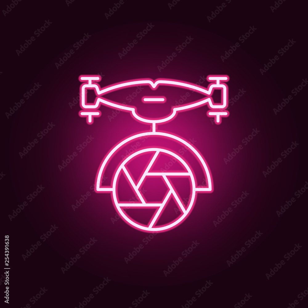 Poster drone with camera icon. elements of drones in neon style icons. simple icon for websites, web design