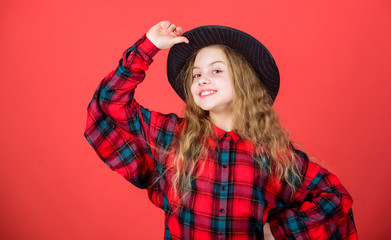 Enter acting academy. Girl artistic kid practicing acting skills with black hat. Acting school for...