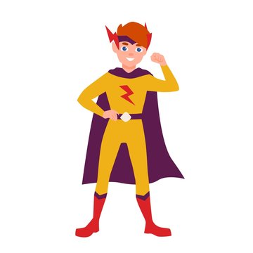 Teenage superhero, superboy or superkid standing in heroic pose. Young boy wearing bodysuit and cape. Brave and confident hero kid or child. Colorful vector illustration in flat cartoon style.