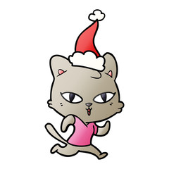 gradient cartoon of a cat out for a run wearing santa hat