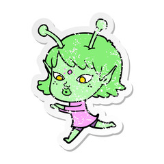 distressed sticker of a pretty cartoon alien girl