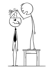 Cartoon stick figure drawing conceptual illustration of man looking in to empty head of crazy or dull businessman or politician finding no brain inside or brainless.