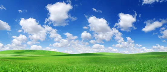 Fotobehang Idyllic view, green hills and blue sky with white clouds © Trutta