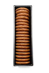 Oatmeal cookies in plastic packaging. White isolated background. Close-up. View from above.