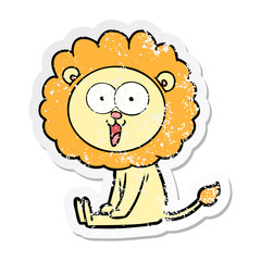 distressed sticker of a happy cartoon lion