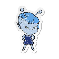 distressed sticker of a cute cartoon alien girl