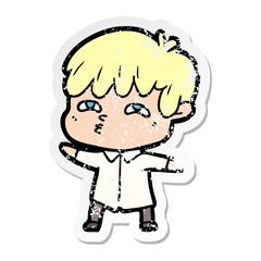 distressed sticker of a cartoon curious man
