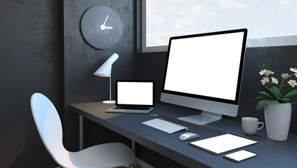 Navy blue workspace with responsive devices mockup