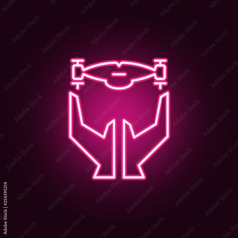 Poster hands and drone icon. elements of drones in neon style icons. simple icon for websites, web design, 