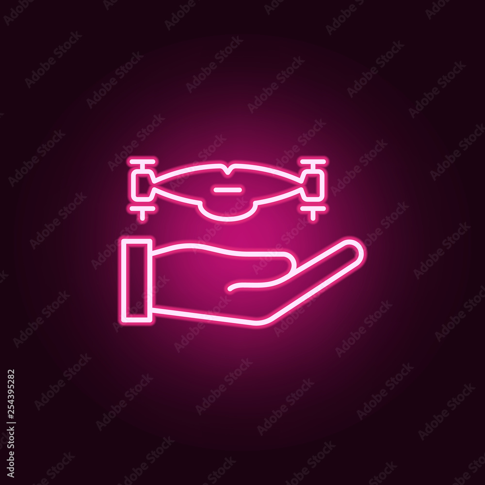 Poster hand with a drone icon. elements of drones in neon style icons. simple icon for websites, web design